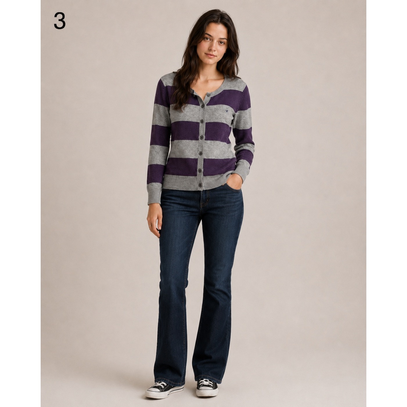 Vintage Y2k Aeo Striped Cardigan Sweater Women's M Purple Gray Elbow Patch